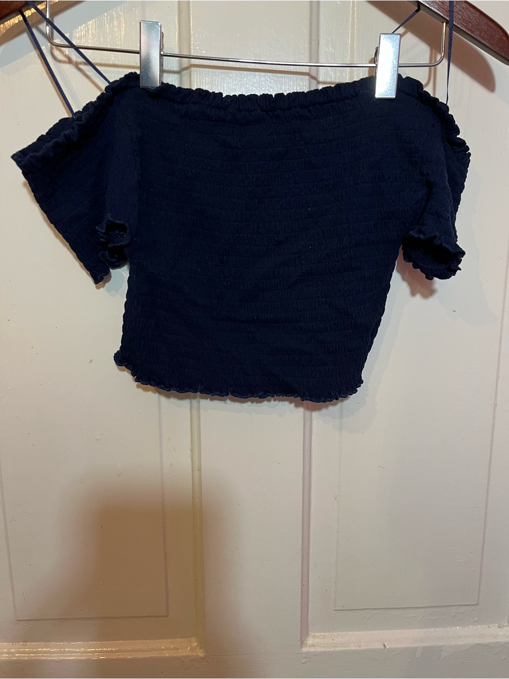 Love Tree Navy Smocked Off-Shoulder Crop Top